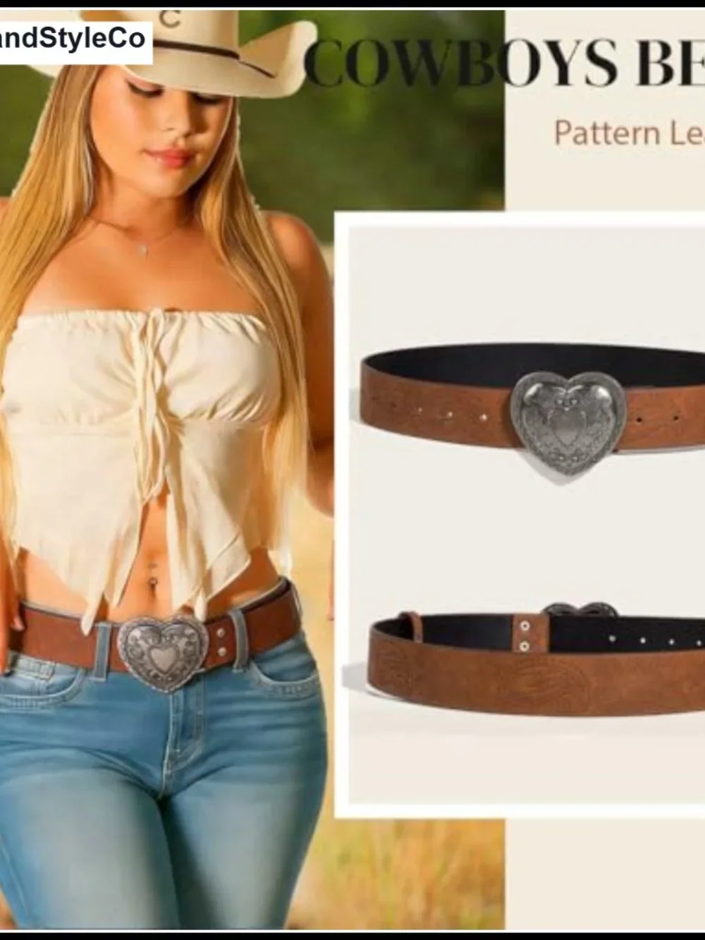 Faux Leather Western Waist Belt with Heart Buckle for Jeans Y2K Punk
